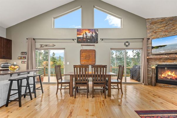 Dining room, Fireplace, Interior, Stone Walls, Wood Texture Flooring