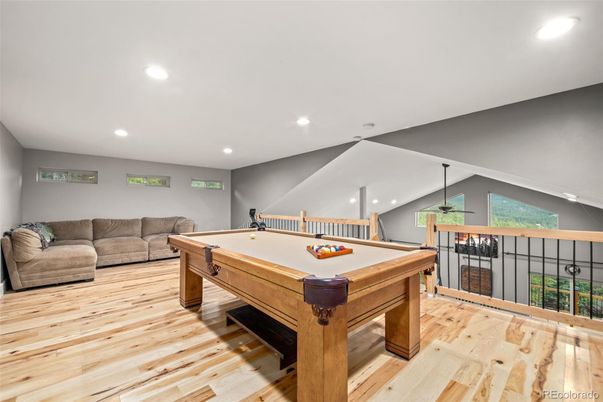 Billiard Table, Game Room, Interior, Recessed Lighting, Wood Texture Flooring