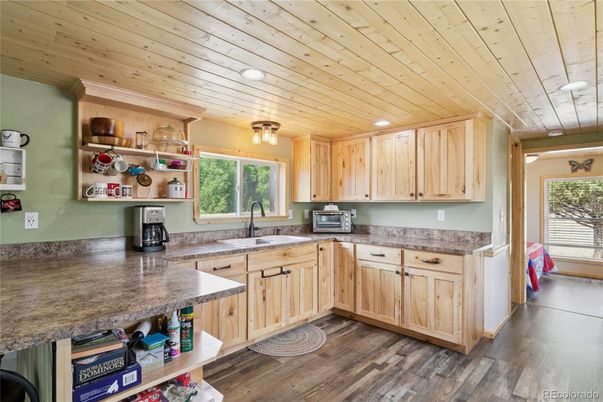 Interior, Kitchen, Recessed Lighting, Wooden Ceilings, Wood Texture Flooring