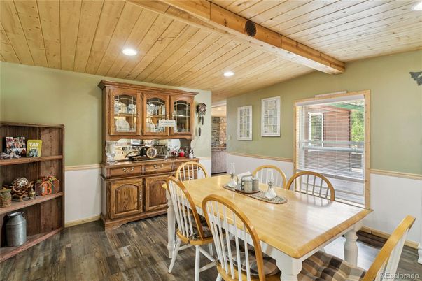 Dining room, Interior, Recessed Lighting, Wooden Beams, Wooden Ceilings, Wood Texture Flooring