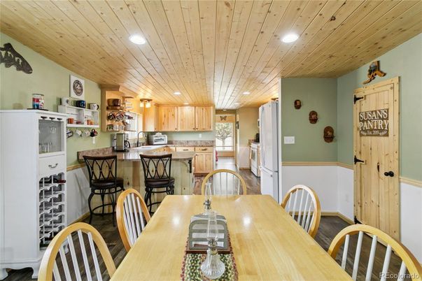 Dining room, Interior, Kitchen, Recessed Lighting, Wooden Ceilings, Wood Texture Flooring