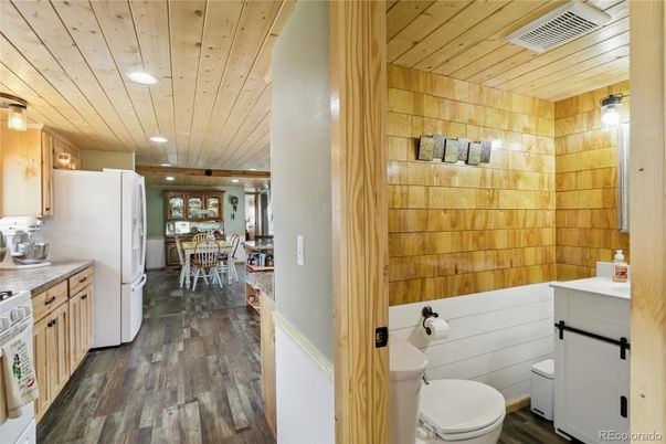 Dining room, Interior, Kitchen, Recessed Lighting, Wooden Ceilings, Wood Texture Flooring, Wooden Walls