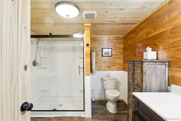 Bathroom, Glass Shower, Interior, Wooden Ceilings, Wood Texture Flooring, Wooden Walls
