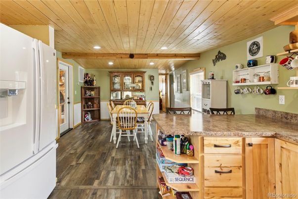 Dining room, Interior, Recessed Lighting, Wooden Ceilings, Wood Texture Flooring