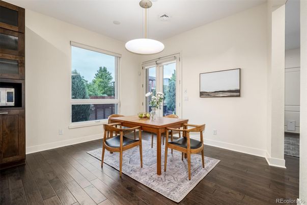 Dining room, Interior, Pendant Lights, Wood Texture Flooring