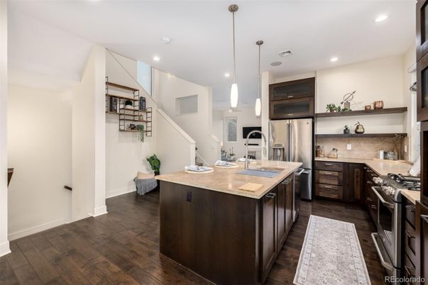 Interior, Kitchen, Pendant Lights, Recessed Lighting, Stainless Steel Appliances, Wood Texture Flooring