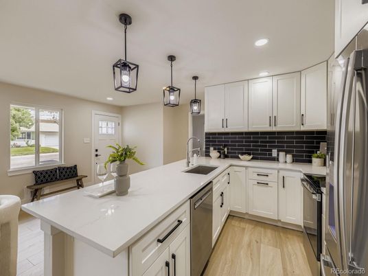 Interior, Kitchen, Pendant Lights, Recessed Lighting, Stainless Steel Appliances, Wood Texture Flooring