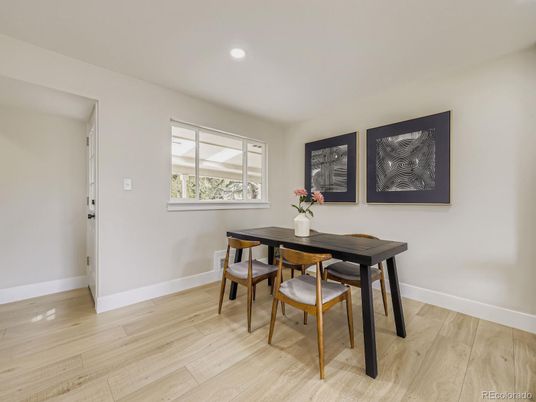 Dining room, Interior, Recessed Lighting, Wood Texture Flooring
