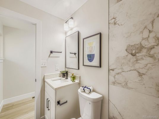 Bathroom, Interior, Marble Walls, Wood Texture Flooring