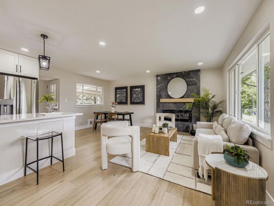 Dining room, Fireplace, Interior, Kitchen, Living room, Pendant Lights, Recessed Lighting, Wood Texture Flooring