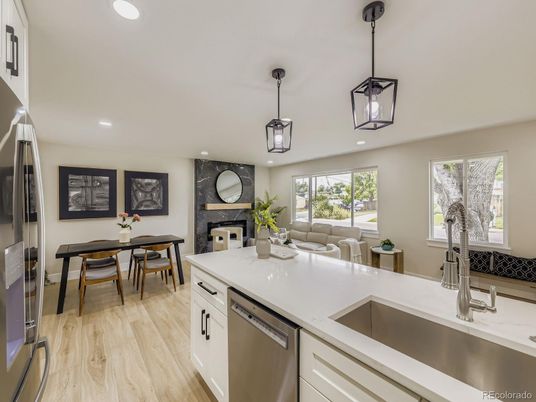 Dining room, Fireplace, Interior, Kitchen, Pendant Lights, Recessed Lighting, Wood Texture Flooring