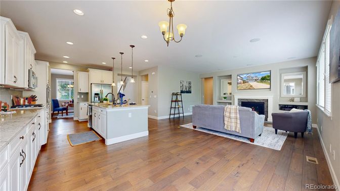 Fireplace, Interior, Kitchen, Living room, Pendant Lights, Recessed Lighting, Wood Texture Flooring