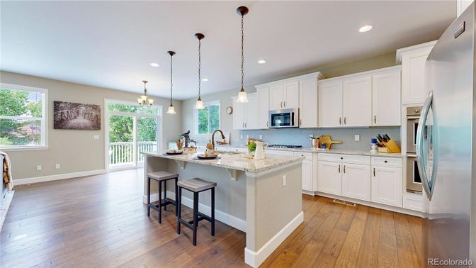 Chandelier, Interior, Kitchen, Pendant Lights, Recessed Lighting, Stainless Steel Appliances, Wood Texture Flooring