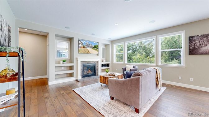 Fireplace, Interior, Living room, Recessed Lighting, Wood Texture Flooring