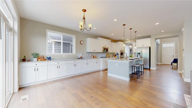 Interior, Kitchen, Pendant Lights, Recessed Lighting, Wood Texture Flooring