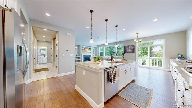 Chandelier, Interior, Kitchen, Pendant Lights, Recessed Lighting, Stainless Steel Appliances, Wood Texture Flooring