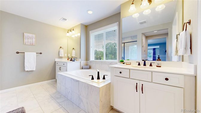 Bathroom, Dual Sink Vanities, Interior, Marble, Recessed Lighting