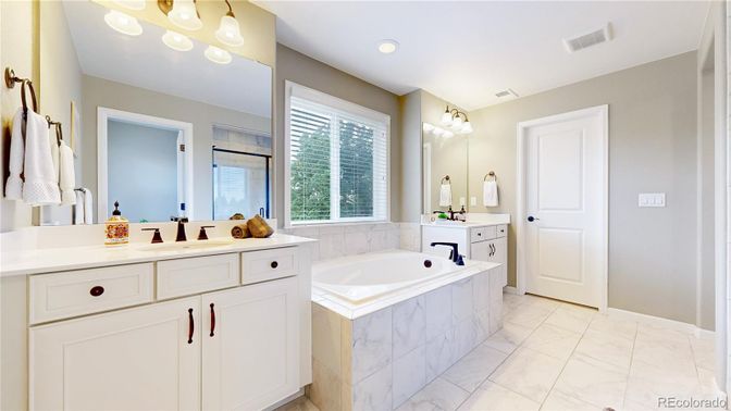 Bathroom, Dual Sink Vanities, Interior, Marble, Recessed Lighting