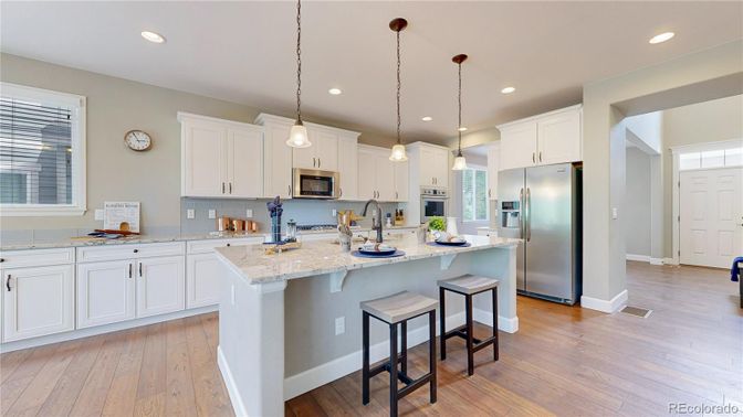 Interior, Kitchen, Pendant Lights, Recessed Lighting, Stainless Steel Appliances, Wood Texture Flooring