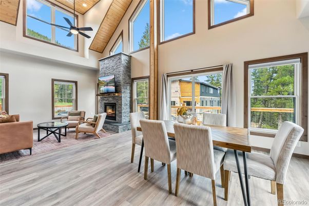 Dining room, Fireplace, Interior, Living room, Wood Texture Flooring