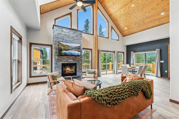Fireplace, Interior, Living room, Recessed Lighting, Wooden Ceilings, Wood Texture Flooring