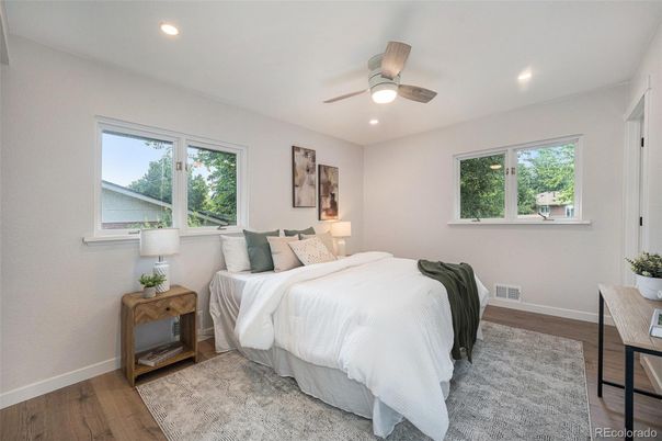 Bedroom, Interior, Recessed Lighting, Wood Texture Flooring