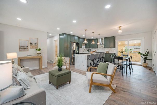 Dining room, Interior, Kitchen, Living room, Pendant Lights, Recessed Lighting, Stainless Steel Appliances, Wood Texture Flooring