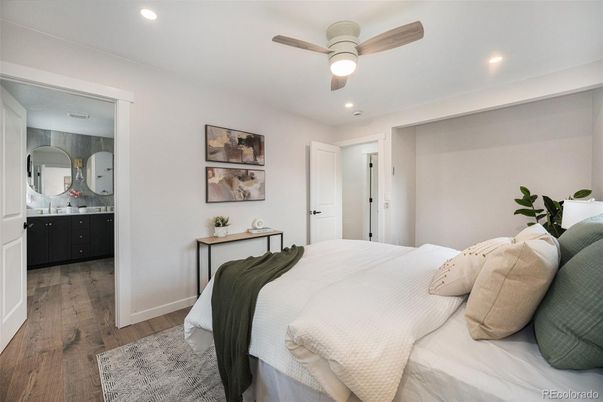Bedroom, Interior, Recessed Lighting, Wood Texture Flooring