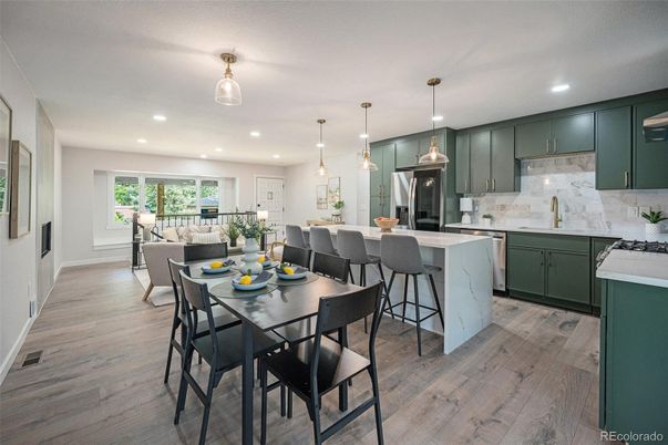 Dining room, Interior, Kitchen, Living room, Pendant Lights, Recessed Lighting, Wood Texture Flooring