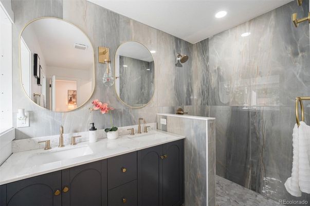 Bathroom, Dual Sink Vanities, Glass Shower, Interior, Recessed Lighting