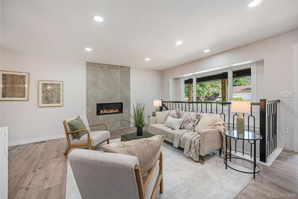 Fireplace, Interior, Living room, Recessed Lighting, Wood Texture Flooring