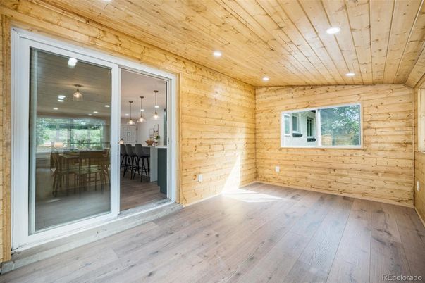 Dining room, Empty room, Interior, Pendant Lights, Recessed Lighting, Wooden Ceilings, Wood Texture Flooring, Wooden Walls