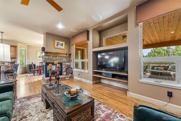 Fireplace, Interior, Living room, Recessed Lighting, Wood Texture Flooring