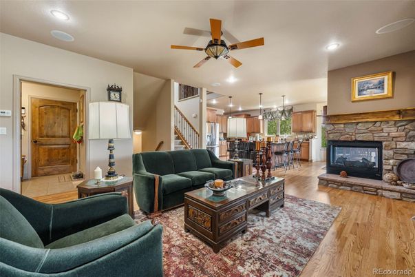 Dining room, Fireplace, Interior, Kitchen, Living room, Pendant Lights, Recessed Lighting, Wood Texture Flooring