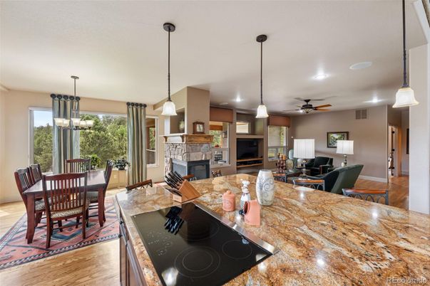 Dining room, Fireplace, Interior, Kitchen, Pendant Lights, Recessed Lighting, Wood Texture Flooring
