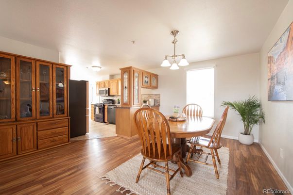 Chandelier, Dining room, Interior, Kitchen, Stainless Steel Appliances, Wood Texture Flooring