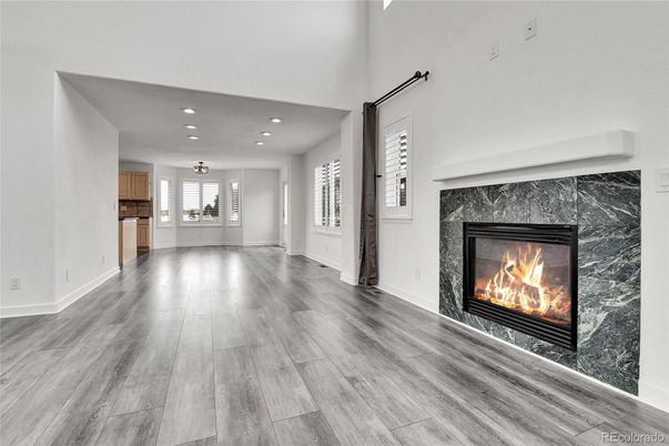 Empty room, Fireplace, Interior, Recessed Lighting, Wood Texture Flooring
