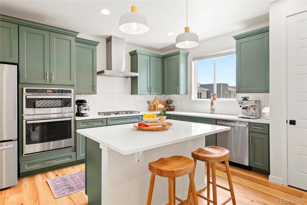 Interior, Kitchen, Pendant Lights, Recessed Lighting, Stainless Steel Appliances, Wood Texture Flooring