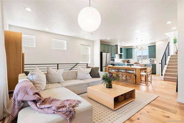 Dining room, Interior, Kitchen, Living room, Pendant Lights, Recessed Lighting, Stainless Steel Appliances, Wood Texture Flooring