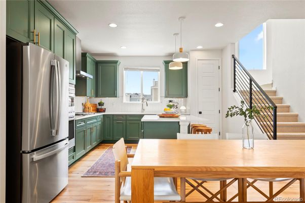 Interior, Kitchen, Pendant Lights, Recessed Lighting, Stainless Steel Appliances, Wood Texture Flooring