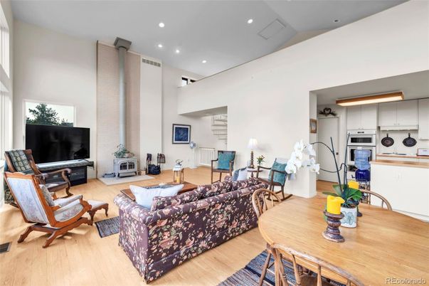 Dining room, Interior, Kitchen, Living room, Recessed Lighting, Stainless Steel Appliances, Wood Texture Flooring