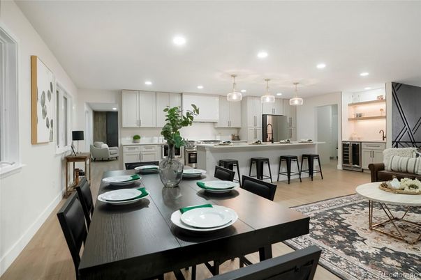 Dining room, Interior, Kitchen, Pendant Lights, Recessed Lighting, Stainless Steel Appliances, Wood Texture Flooring