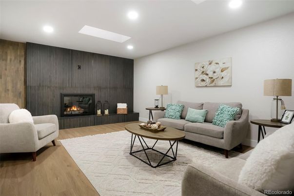 Fireplace, Interior, Living room, Recessed Lighting, Wood Texture Flooring