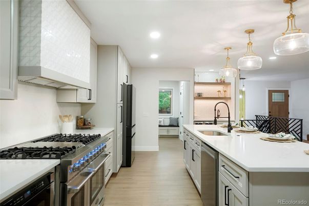Interior, Kitchen, Pendant Lights, Recessed Lighting, Stainless Steel Appliances, Wood Texture Flooring