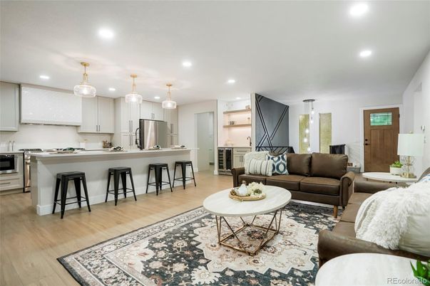 Interior, Kitchen, Living room, Pendant Lights, Recessed Lighting, Stainless Steel Appliances, Wood Texture Flooring