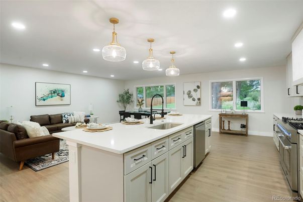 Interior, Kitchen, Living room, Recessed Lighting, Stainless Steel Appliances, Wood Texture Flooring