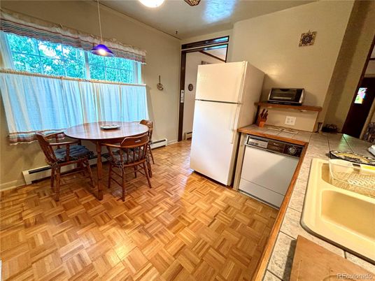 Dining room, Interior, Kitchen, Pendant Lights, Wood Texture Flooring