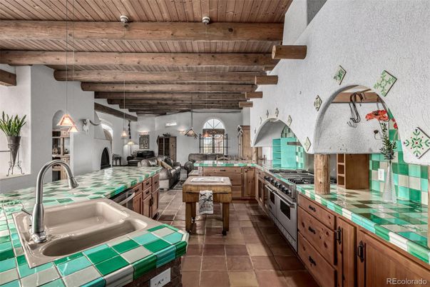 Interior, Kitchen, Pendant Lights, Tile Countertops, Wooden Beams, Wooden Ceilings