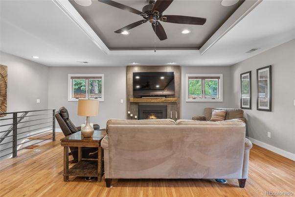 Fireplace, Interior, Living room, Recessed Lighting, Wood Texture Flooring