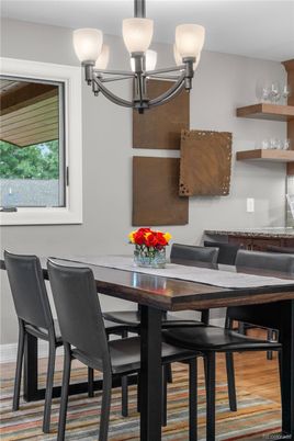 Chandelier, Dining room, Interior, Wood Texture Flooring